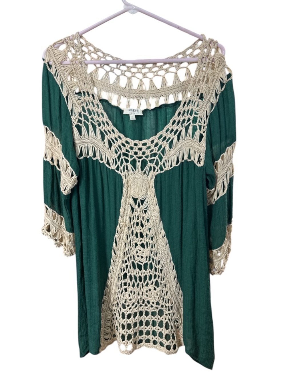 Umgee Green Crochet Lace Asymmetrical Tunic Top L - Picture 2 of 7